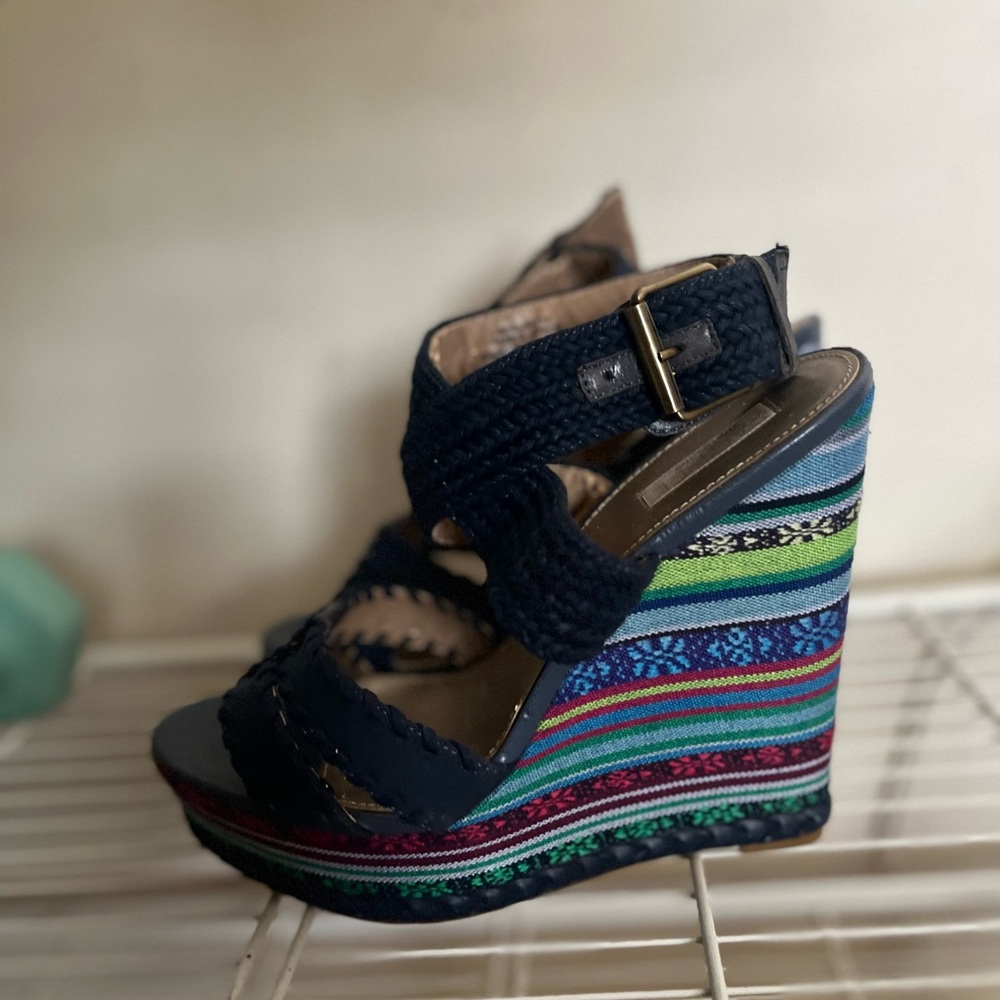 Rachel by Rachel Roy, Vtg Navy Multicolor Platform Wedge Sandals